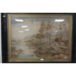 A LARGE FRAMED AND GLAZED WATERCOLOUR DEPICTING A RIVER, SIGNED JESSIE B PRICE