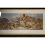 A FRAMED ENGLISH SCHOOL WATERCOLOUR OF A THATCHED FARM-HOUSE WITH CHILDREN