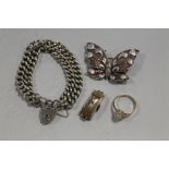 A 9ct GOLD RING, TOGETHER WITH A GOLD WATCH HEAD, SILVER BUTTERFLY BROOCH, SILVER BRACELET AND