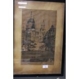 A FRAMED PRINT OF AN ORIGINAL PEN AND INK DRAWING OF ST. PAULS FROM LUDGATE HILL, SIGNED LEILA