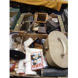 TWO TRAYS OF COLLECTABLES, TO INCLUDE A SELECTION OF COSTUME JEWELLERY, CAMERAS ETC