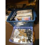 A BOX OF ASSORTED RECORDS, TO INCLUDE FLEETWOOD MAC, TOM JONES, TOGETHER WITH CHESS SET A/F