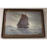 AN OIL ON CANVAS DEPICTING A SHIP AT SEA, SIGNED GORDON ALLEN