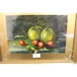 A FRAMED AND GLAZED STILL LIFE OIL PAINTING DEPICTING FRUIT