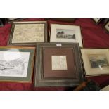 A SELECTION OF FIVE PRINTS TO INCLUDE ST AUBINES HARBOUR JERSEY, A FRAMED PRINT DEPICTING STONE