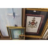 A SELECTION OF PICTURES AND PRINTS, TO INCLUDE A FRAMED COAT OF ARMS