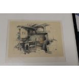 A FRAMED AND GLAZED COLOURED PRINT DEPICTING A TABLE BY THE FIRE HEARTH SIGNED BATES