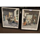 A PAIR OF FRAMED COLOURED PRINTS DEPICTING A FAMILY AT A TABLE