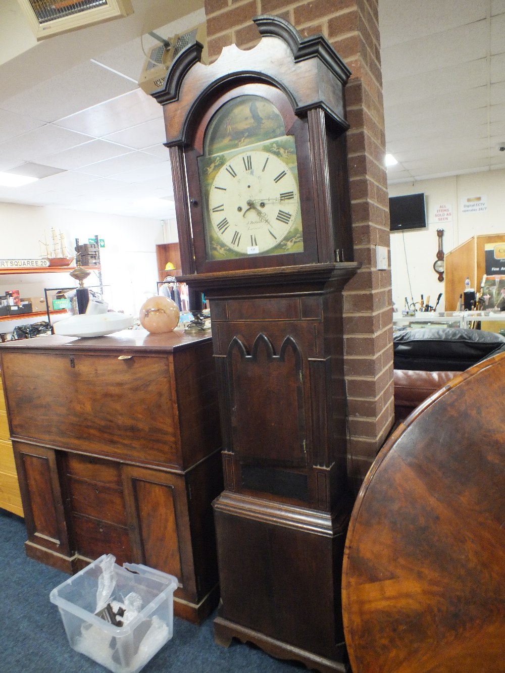 A 19TH CENTURY EIGHT DAY OAK AND MAHOGANY LONGCASE CLOCK BY J BEELAND OF NEWCASTLE, the painted