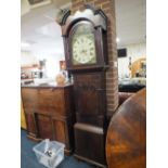 A 19TH CENTURY EIGHT DAY OAK AND MAHOGANY LONGCASE CLOCK BY J BEELAND OF NEWCASTLE, the painted