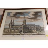 A FRAMED AND GLAZED COLOURED ENGRAVING OF LICHFIELD CATHEDRAL