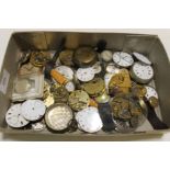 A BOX OF POCKET WATCHES AND WATCH PARTS