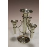 A HALLMARKED SILVER THREE BRANCH EPERGNE - LONDON 1927, of plain form with pie crust rims and a