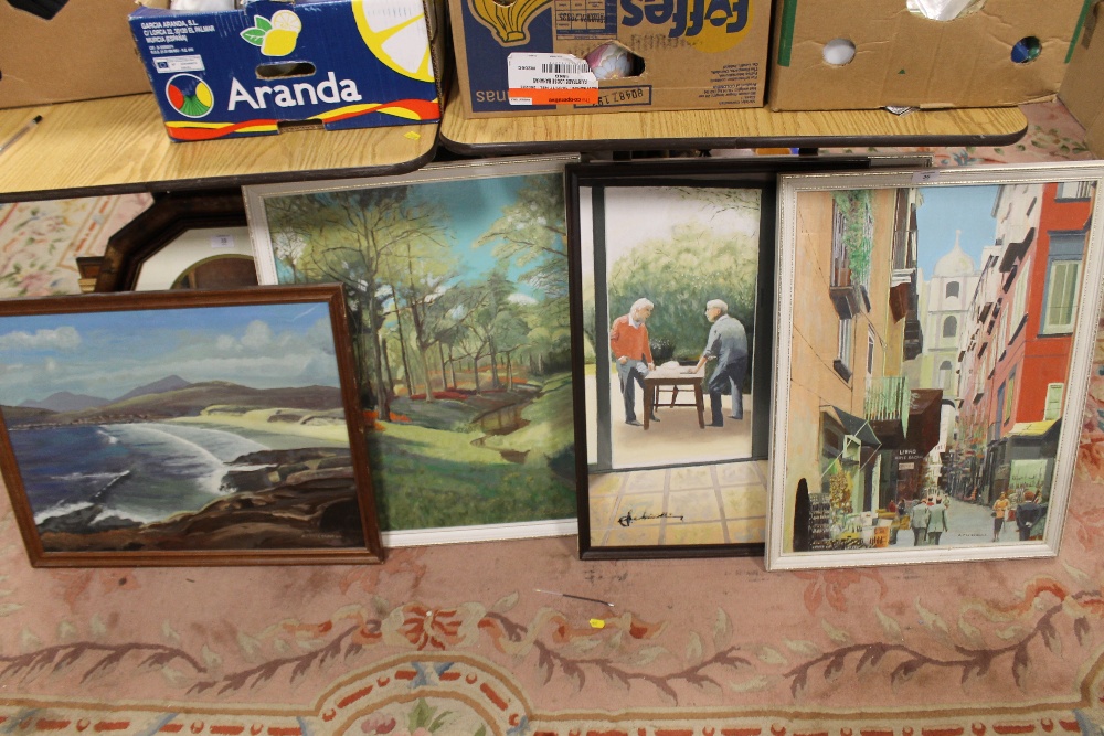 A SELECTION OF FRAMED OIL PAINTINGS MOSTLY SIGNED BY A J MCCONNELL TO INCLUDE A STREET SCENE