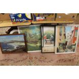 A SELECTION OF FRAMED OIL PAINTINGS MOSTLY SIGNED BY A J MCCONNELL TO INCLUDE A STREET SCENE