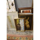A LARGE QUANTITY OF PICTURES AND PRINTS TO INCLUDE NAIVE OILS, SIGNED WATERCOLOURS ETC