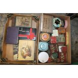 TWO BOXES OF ASSORTED VINTAGE CARDBOARD AND WOODEN CHOCOLATE BOXES AND ASSORTED VINTAGE TINS