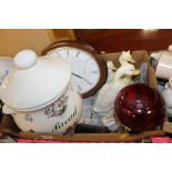 A TRAY OF MIXED CERAMICS ETC. TO INCLUDE A LARGE CERAMIC MELBA BREAD BIN ETC.