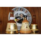 THREE BELLS WHISKEY DECANTERS PLUS A ROYAL DOULTON DICKENS PLATE