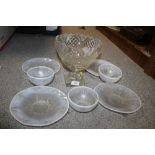 A LARGE CUT GLASS ART DECO FOOTED BOWL, THREE FROSTED GLASS BAROLAC BOWLS PLUS FOUR PLATES (8)
