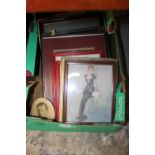 A TRAY OF ASSORTED VINTAGE PICTURES AND PICTURE FRAMES