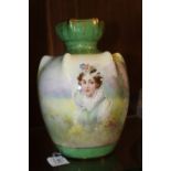A ROYAL BONN DECORATIVE VASE, enamelled decoration depicting a lady in traditional 19th century