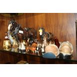 A SELECTION OF CERAMIC ANIMAL FIGURES TO INCLUDE MELBA WARE HORSES PLUS TWO WALL HANGING BUSTS