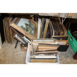THREE BOXES OF VINTAGE PICTURE FRAMES, PRINTS, MIRROR ETC.