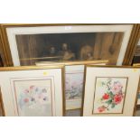 A LARGE GILT FRAMED ENGRAVING TOGETHER WITH THREE BOTANICAL WATERCOLOURS (4)