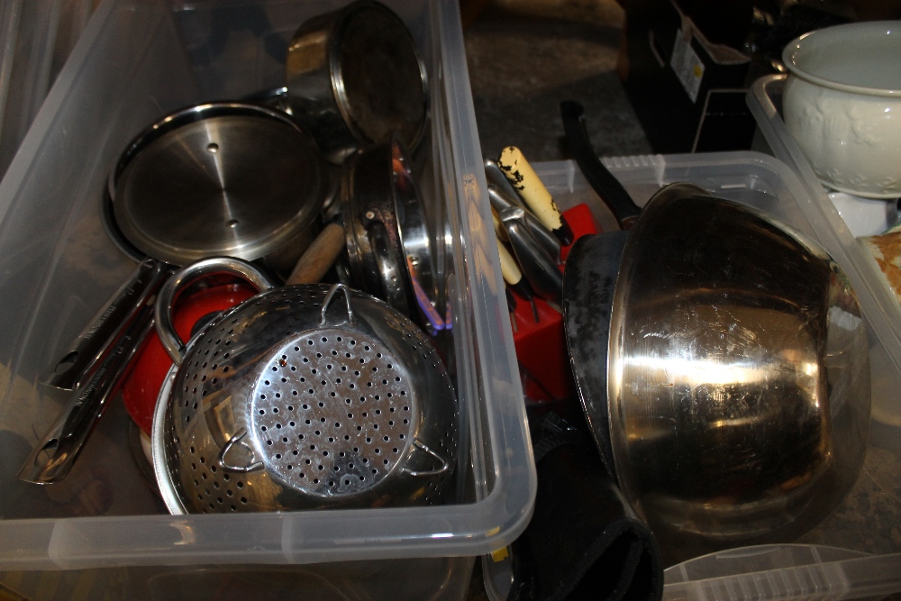 TWO BOXES OF KITCHENALIA TO INCLUDE SAUCEPANS