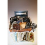 A TRAY OF COLLECTABLES TO INCLUDE VINTAGE CAMERAS, POST CARDS ETC