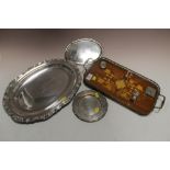 A SILVER PLATED TRAY OF COLLECTABLES TO INCLUDE A VESTA CASE, MARQUETRY TRAY ETC