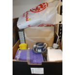 A BOX OF SUNDRIES TO INC WEDGWOOD JASPERWARE, VINTAGE SEWING PATTERNS ETC