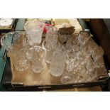 A TRAY OF CUT GLASS TO INCLUDE VASES, GLASSES ETC