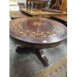 A 19TH CENTURY CIRCULAR MARQUETRY INLAID PEDESTAL TABLE RAISED ON TURNED BASE