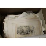 A BOX OF NEWSPAPER CUTTING, ENGRAVINGS, ETC