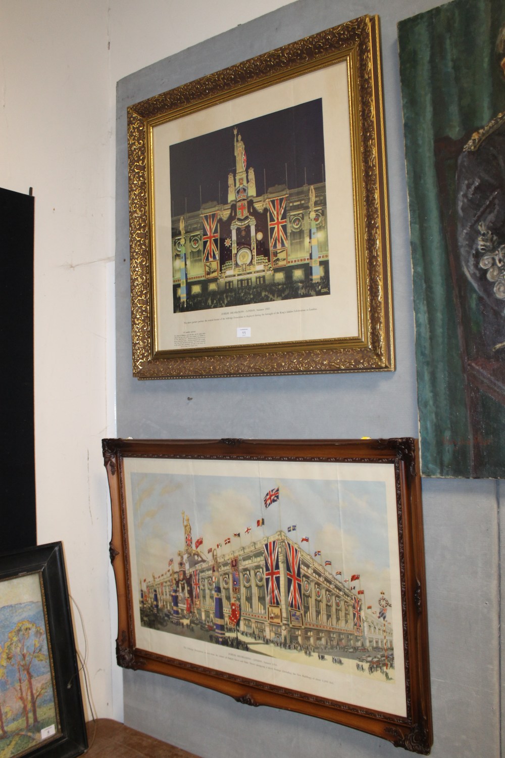 TWO FRAMED SELFRIDGES JUBILEE DECORATIONS COLOURED PRINTS, both framed and glazed (2)