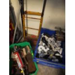 A SACK TRUCK, A BOX OF TOOLS AND A BOX OF PIPE CONNECTORS
