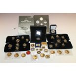 A LARGE QUANTITY OF GOLD PLATED AND ENAMELLED ASSORTED COINAGE ETC