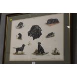 A SIGNED FRAMED AND GLAZED ALAN ELLISON 'FIELD SKETCHES' PRINT DEPICTING BLACK LABRADORS NO. 211/