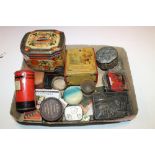 A BOX OF COLLECTABLES TO INCLUDE VINTAGE TINS, SOVEREIGN HOLDER ETC