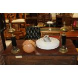 A PAIR OF BRASS LAMPS, AN ORANGE GLASS SHADE + ANOTHER (4)