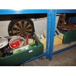 A QUANTITY OF TOOLS ETC TO INC A DARTBOARD, WOOD HANDLED GOLF CLUBS ETC