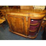 A 19TH CENTURY WALNUT CREDENZA WITH INLAID SATINWOOD DETAIL, WITH CARVED CABINETS TO EACH SIDE, w