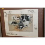 A SIGNED LTD EDITION FRAMED AND GLAZED MICK CAWSTON PRINT DEPICTING SHEEPDOGS
