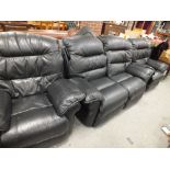 A BLACK LEATHER THREE PIECE SUITE - RECLINING + TWO ARMCHAIRS