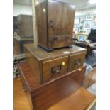 A SMALL WALNUT CABINET, TWO DRAWER OAK FILING DRAWER & A MAHOGANY BOX (3)