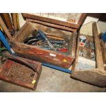 A WOODEN TOOL CHEST & CONTENTS TOGETHER WITH A QUANTITY OF NAILS, SCREWS ETC