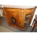 A 19TH CENTURY WALNUT INLAID CREDENZA WITH CENTRAL FLORAL PANEL,. GILT METAL MOUNTS, ARCHED GLAZED