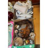 A TRAY OF METALWARE AND TREEN TOGETHER WITH A TRAY OF CERAMICS TO INCLUDE A POOLE COFFEE POT